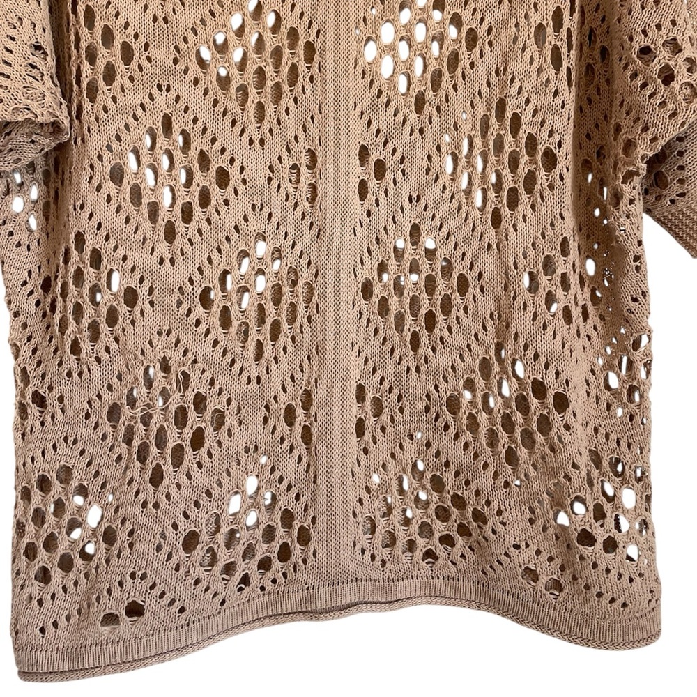 Crochet Fisherman Boho-Chic Open Weave Short Sleeve Taupe Sweater, Size Medium - Picture 5 of 10